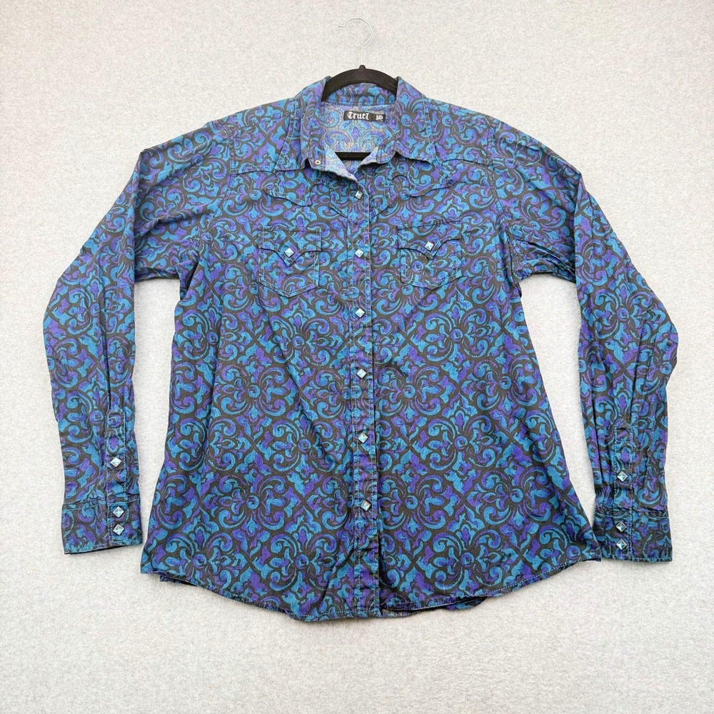 Cruel Denim Shirt Womens XXL Western Boho Scroll Print Snap Front Long Sleeve